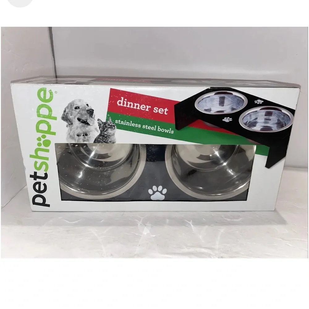 Petshoppe Pet Dinner Set Stainless Steel Bowls Elevated Black Wood Frame Dog Cat